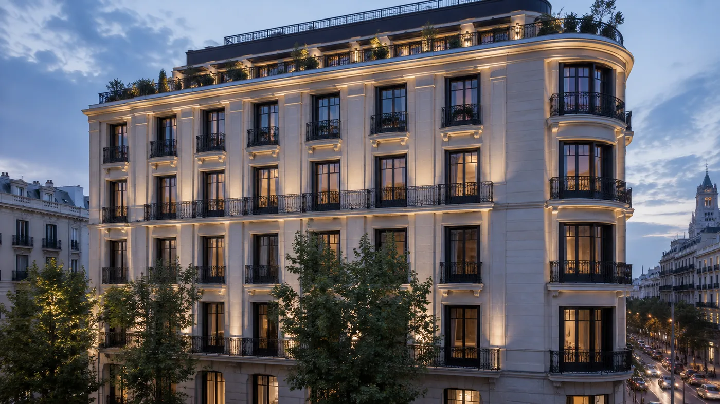 Gris Urbano Suite — dark urban Madrid apartment exterior